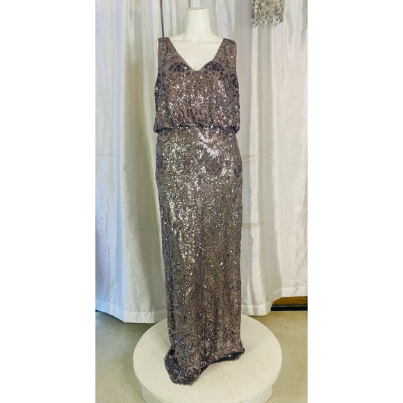 BETSY & ADAM Long Sequin Gown Pewter Size 16