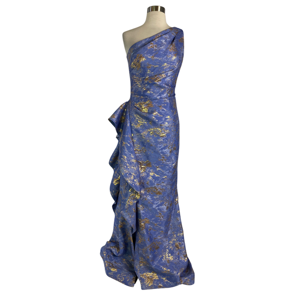 TERI JON Style #209064 Metallic Jacquard One-Shoulder Side-Ruffle Gown Sky Size 2 NWT