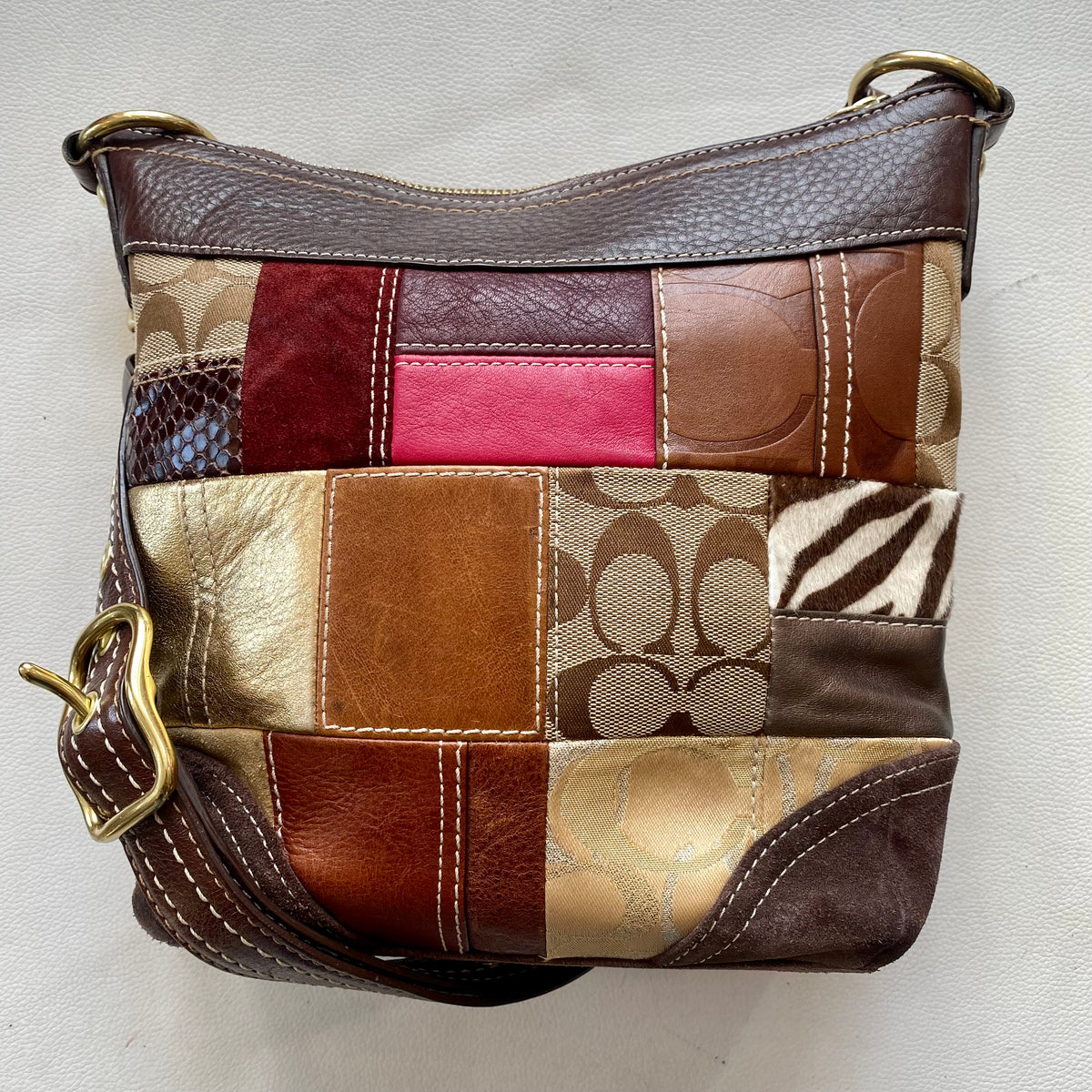 バッグ coach leather patchwork one shoulder bag Coach Patch Work Leather & Fabric Squares Purse Shoulder Bag
