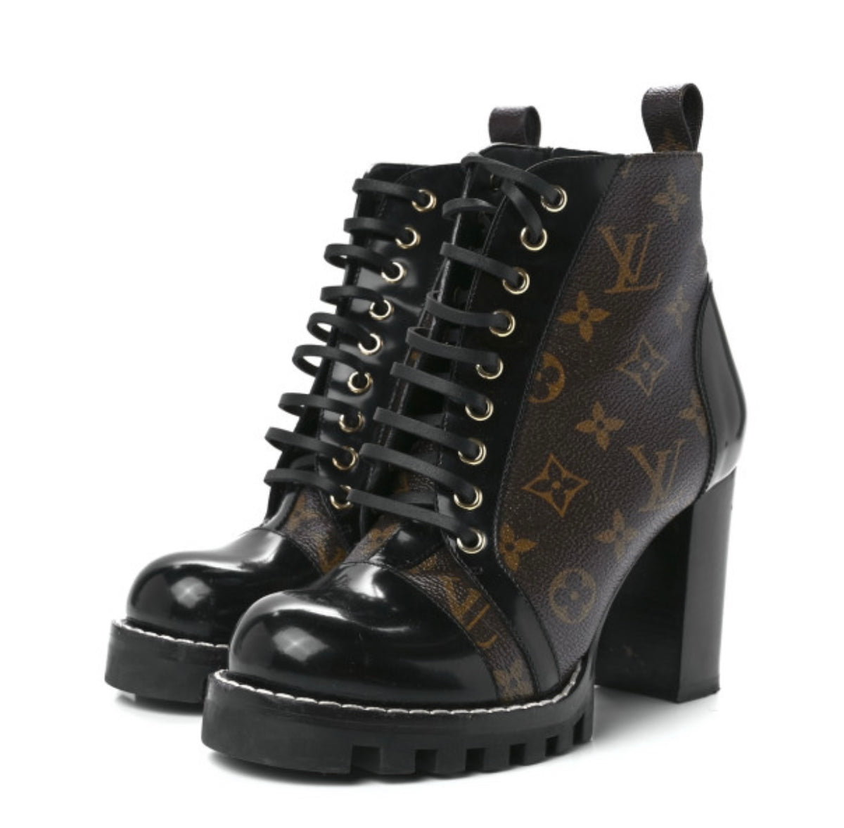 Louis Vuitton Patent Calfskin Monogram Star Trail Ankle Boots Black –  REDELUXE