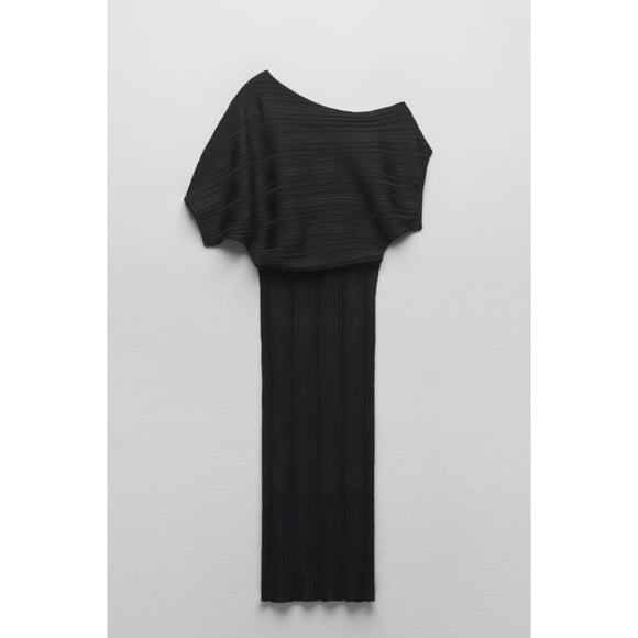 ZARA Ribbed Knit Asymmetric Dress Black Size Small NWT