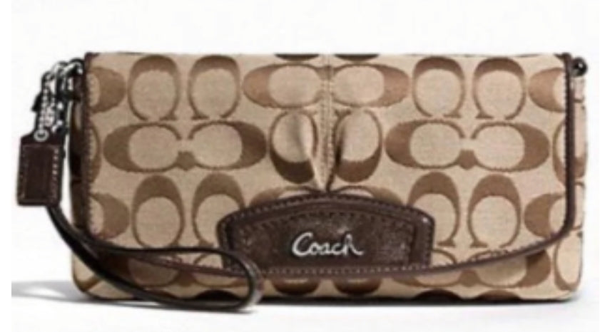 Coach Signature Flap Large Wristlet Purse Wallet Khaki Mahagony