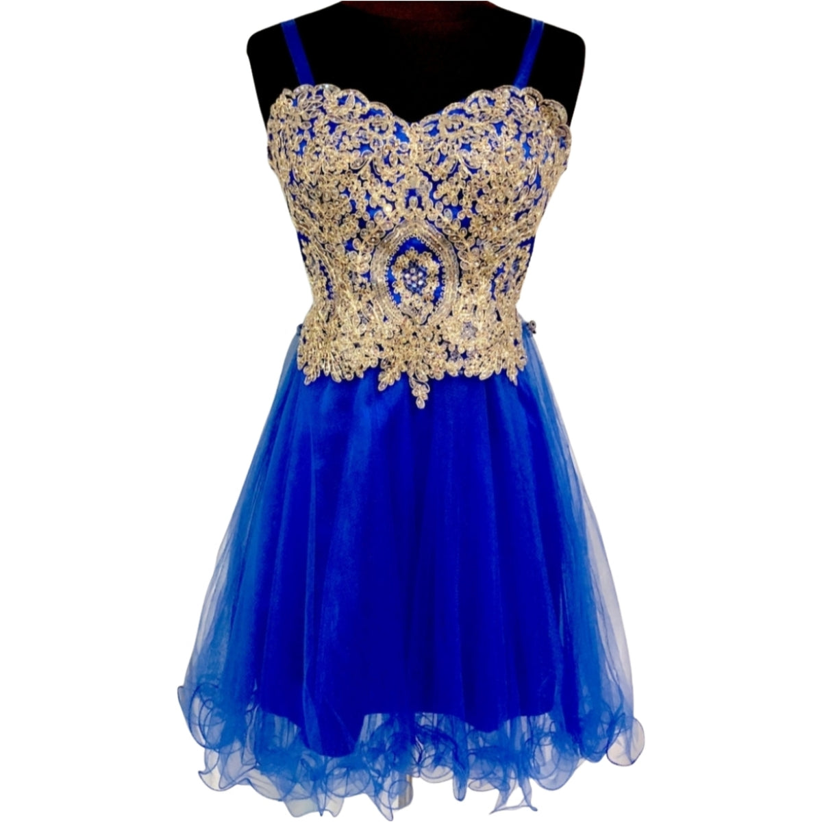 royal blue and gold formal dress BOUTIQUE Short & Gown – Style Exchange Boutique filter_category:Clothing no one made a creating an elegant look Size:9.5 Wide