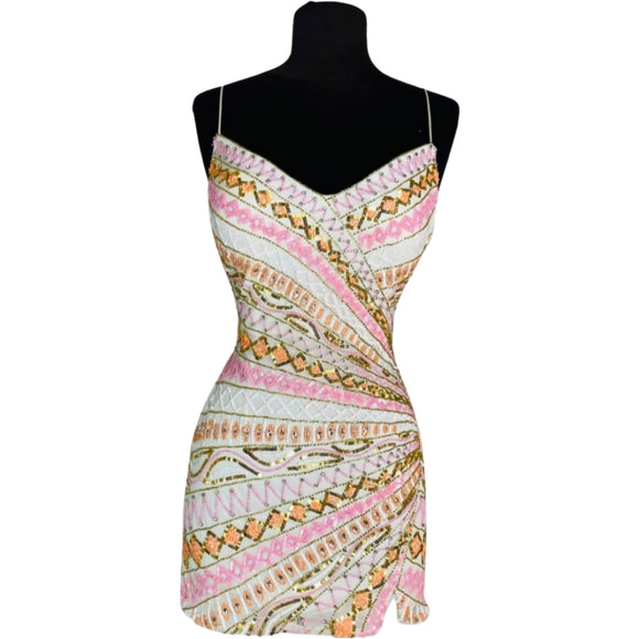 RACHEL ALLAN Style #40113 Beaded Lace-Up Back Dress White Multi Size 0
