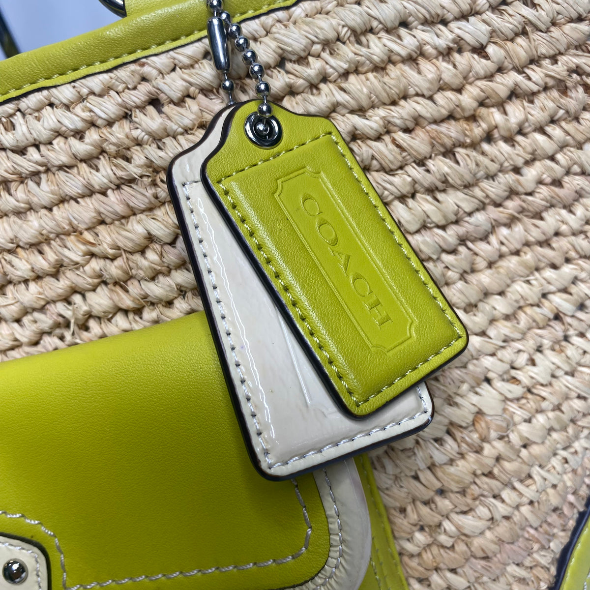 Coach Lime Green Straw and Leather Small Tote Bag