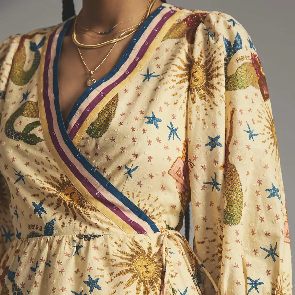 FARM RIO X ANTHROPOLOGIE Yellow Mermaid Print Wrap Mini Dress Style