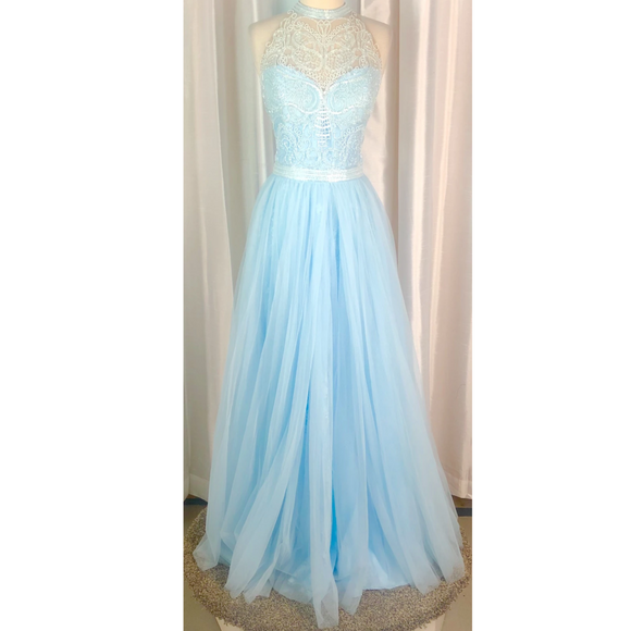 SHERRI HILL 50859 Light Blue V-Neck Satin with Ivory Beaded Bodice Dress Size 16