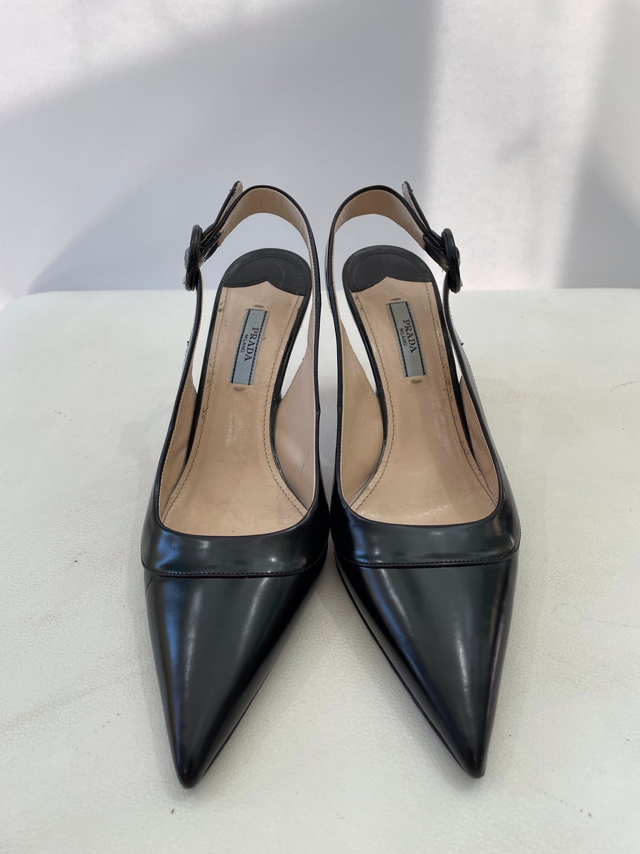 PRADA Black Leather Pointed-Toe Slingback Kitten Heel Sandals – Style Exchange Boutique PGH