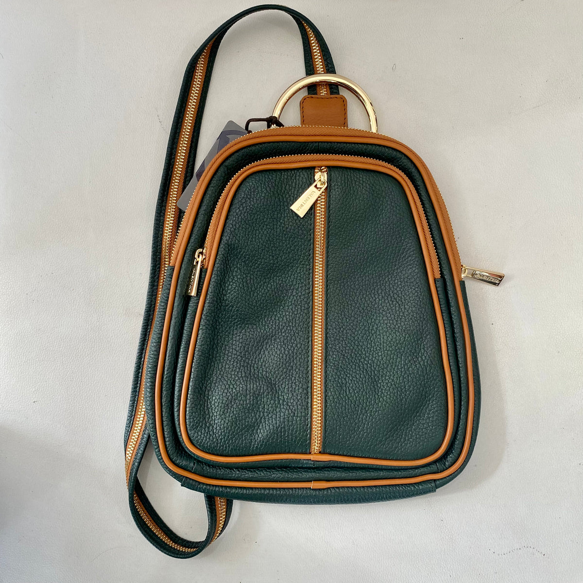 VALENTINA Convertible Backpack Shoulder Bag Green and Tan Leather