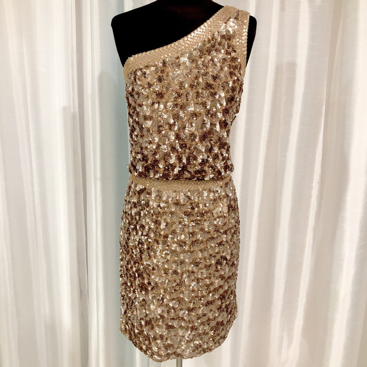 AIDAN MATTOX Short Gold Sequined One Shoulder Band Gown Style Exchange Boutique PGH AIDAN MATTOX Short Gold Sequined One Shoulder Band Gown Style Exchange Boutique PGH