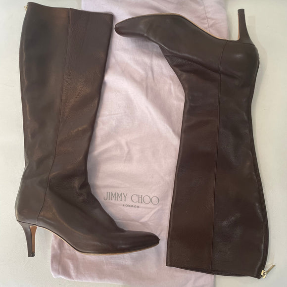 JIMMY CHOO Dark Brown Leather Knee High Boots Size 37 w/ Dustbag