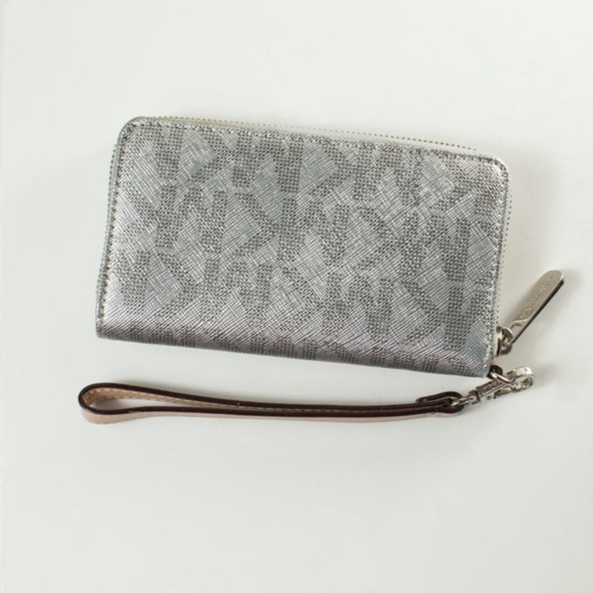 MICHAEL KORS Gunmetal Silver Metallic Mirrored MK Logo Zip Around