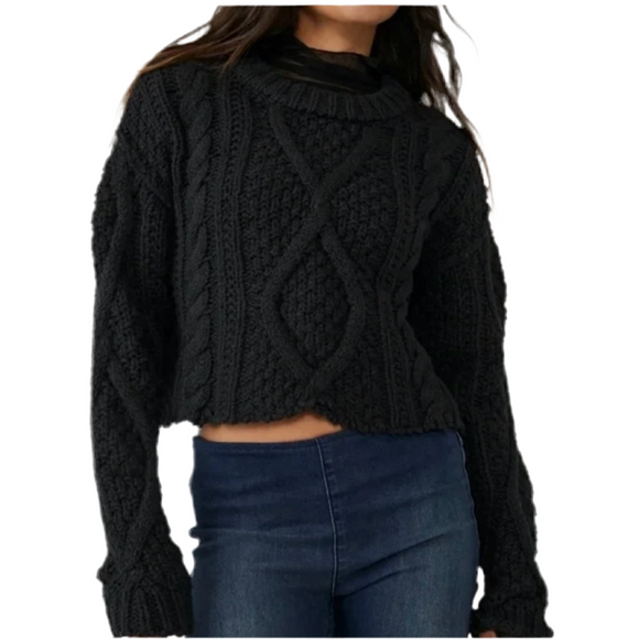 FREE PEOPLE Cutting Edge Cable Cropped Sweater Black Size Medium