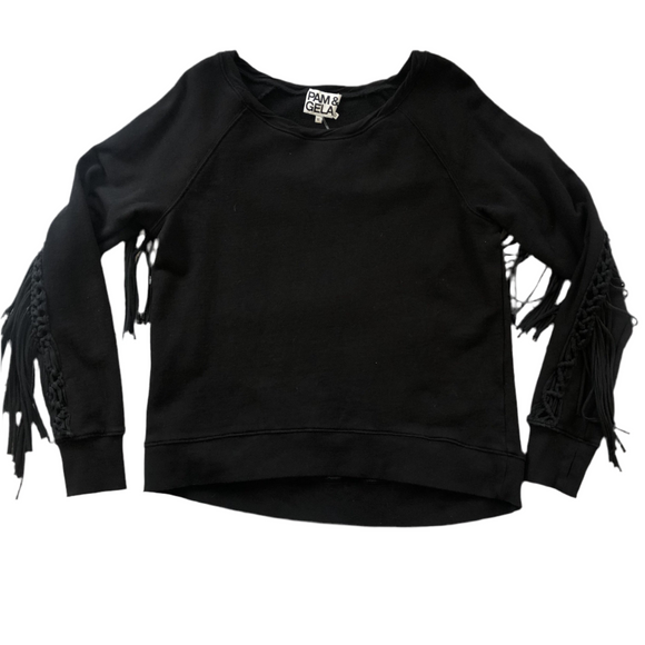 PAM & GELA Black Crochet Fringe Detail Sweatshirt Size M