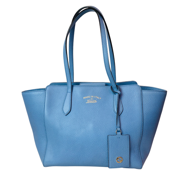 GUCCI Swing Medium Leather Tote Shoulder Bag Light Blue