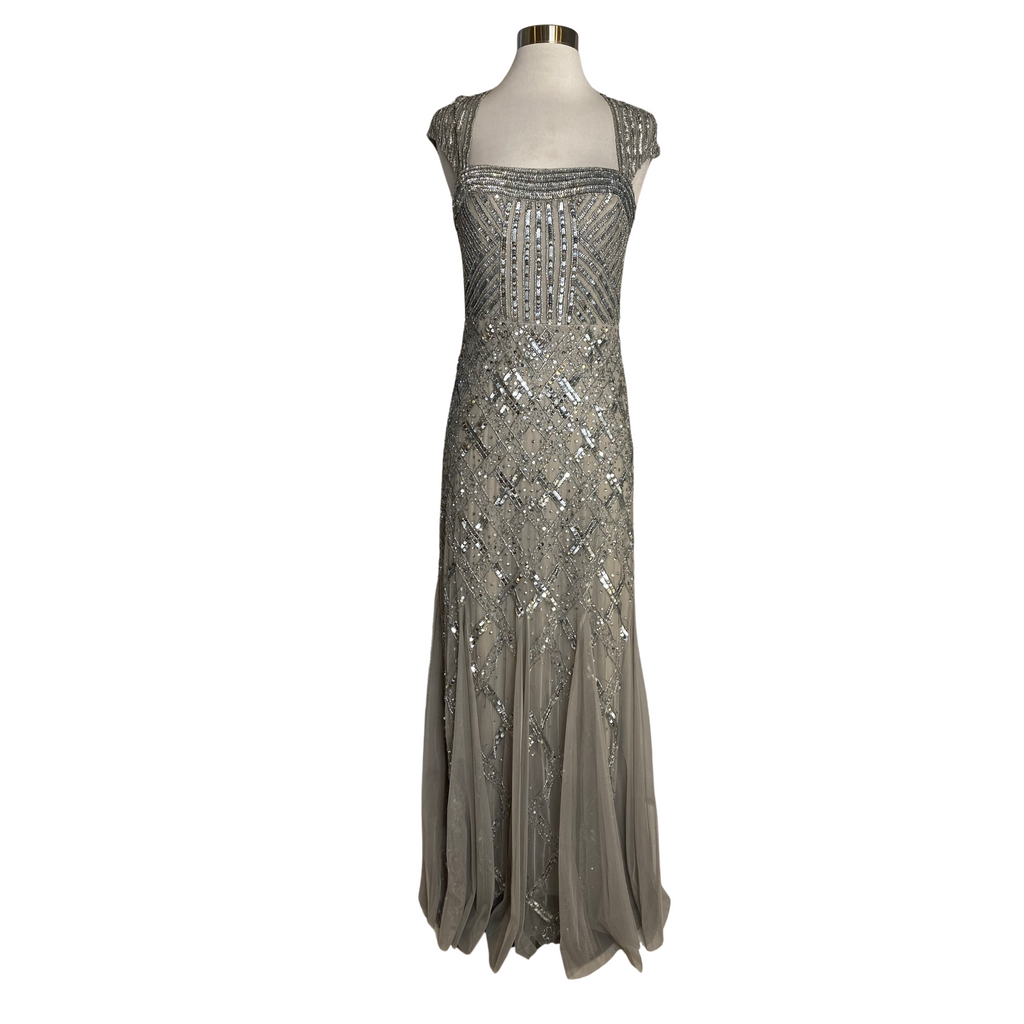 ADRIANNA PAPELL Long Sequin Gown Taupe/Silver Size 6