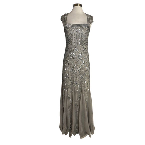 ADRIANNA PAPELL Long Sequin Gown Taupe/Silver Size 6