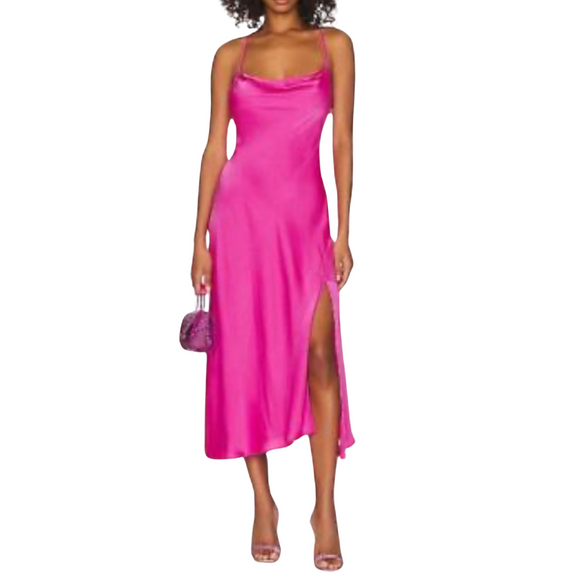 ASTR The Label Gaia Pink Fuchsia Cowl Neck Satin  Dress Size Small
