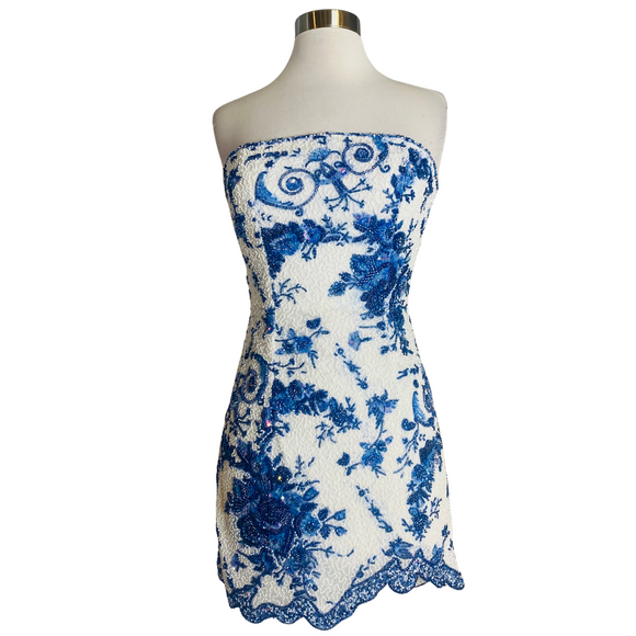 SHERRI HILL Style 56566 Short Embellished Cocktail Dress White/Blue Size 2