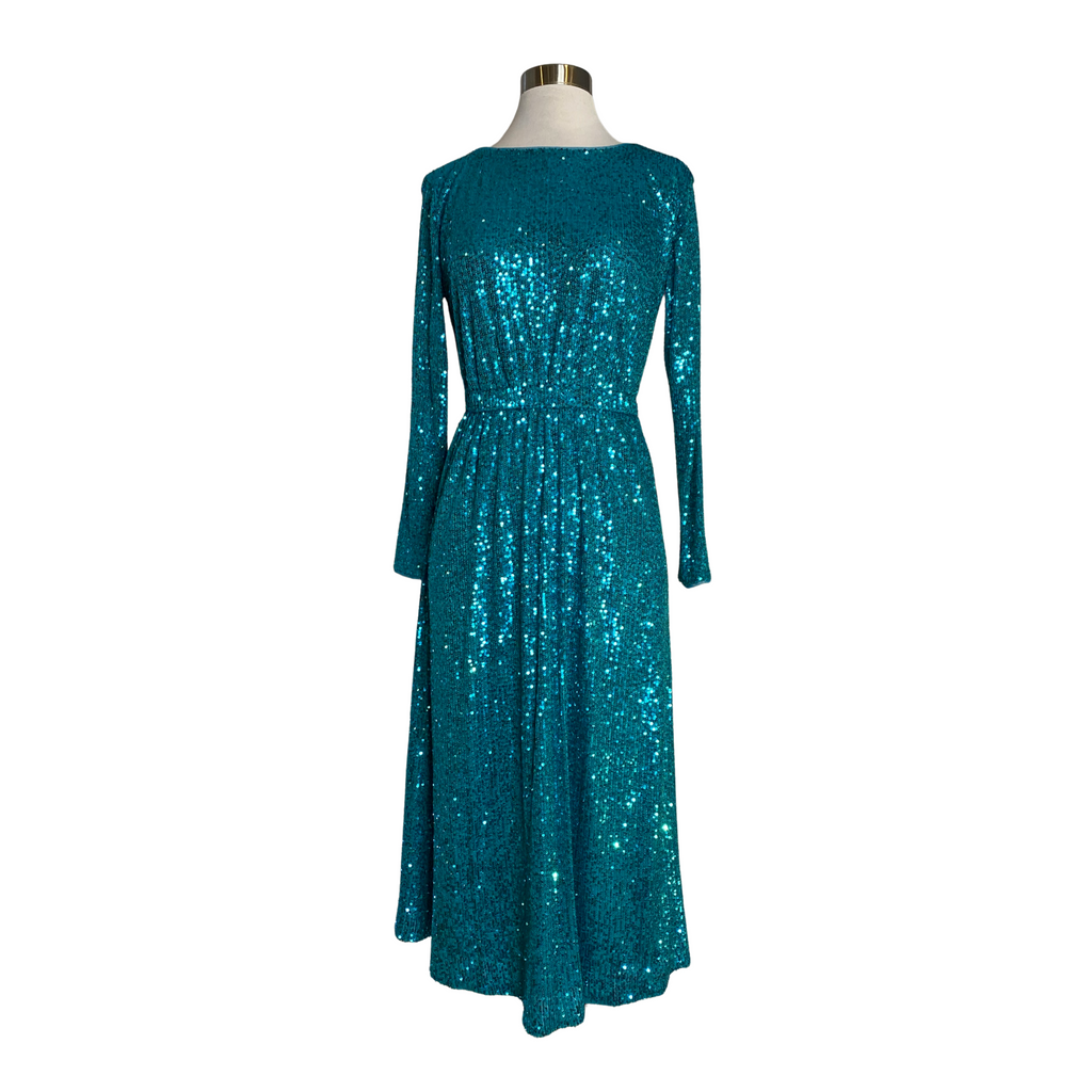 MAGGY LONDON Sequin Midi Cocktail Dress Teal Size 4 NWT