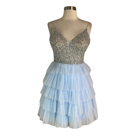 JVN By JOVANI Style 22604 Short Tiered Gown Baby Blue Size 4