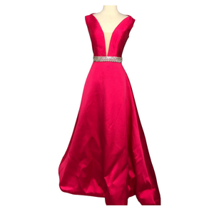 JOVANI 22632 Fuchsia Satin Deep V Long Dress Size 4