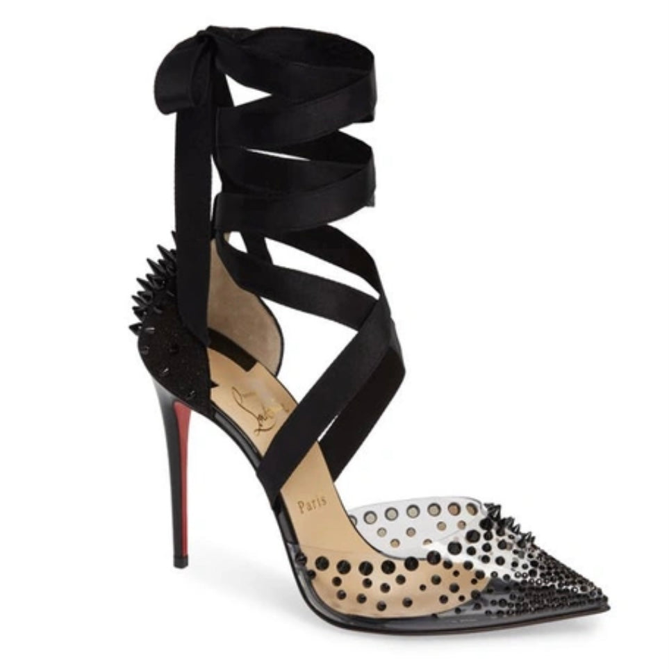 CHRISTIAN LOUBOUTIN Mechante Reine 100 Pvc/Pat/Crst STAR/GG Pumps Version Black Size 38 NIB