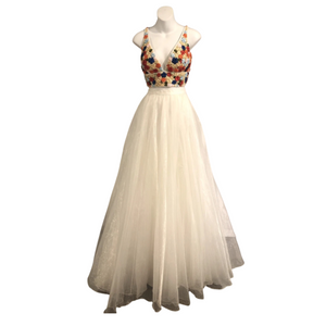 SHERRI HILL 50948 Ivory & Multi-color Two-Piece Organza Ball Gown with Flower Ribbon Embroidered Bodice Size 0