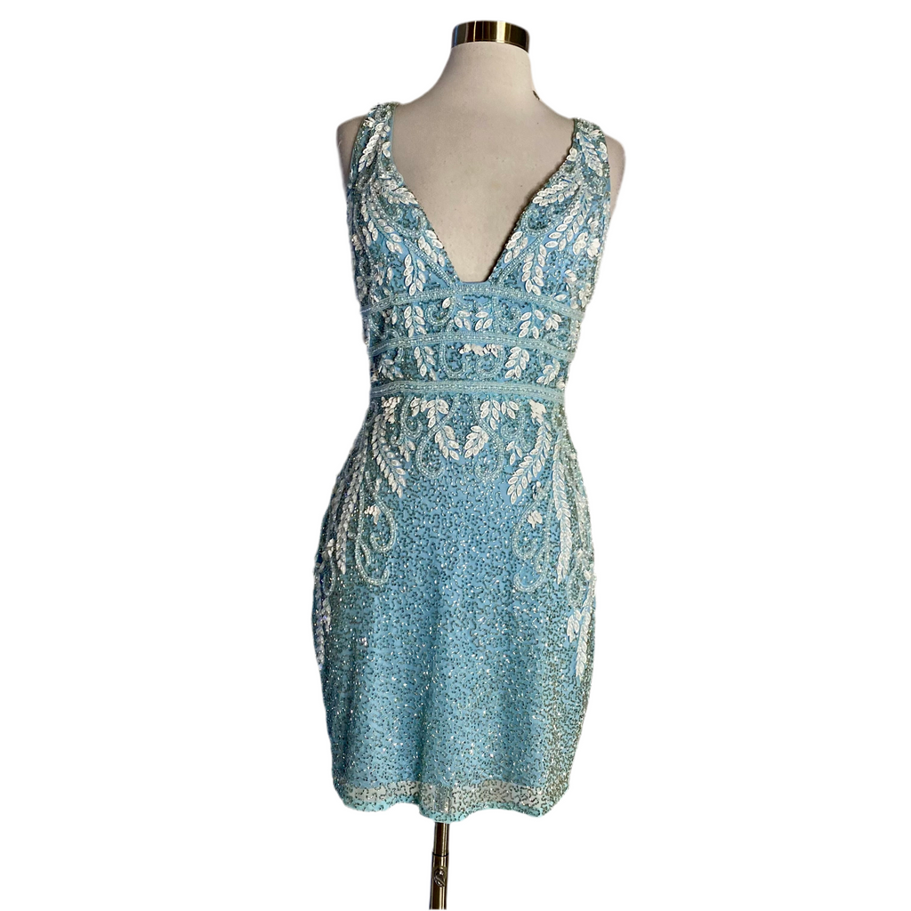 PRIMAVERA Style 3524 Short Beaded Cocktail Dress Light Blue Size 10