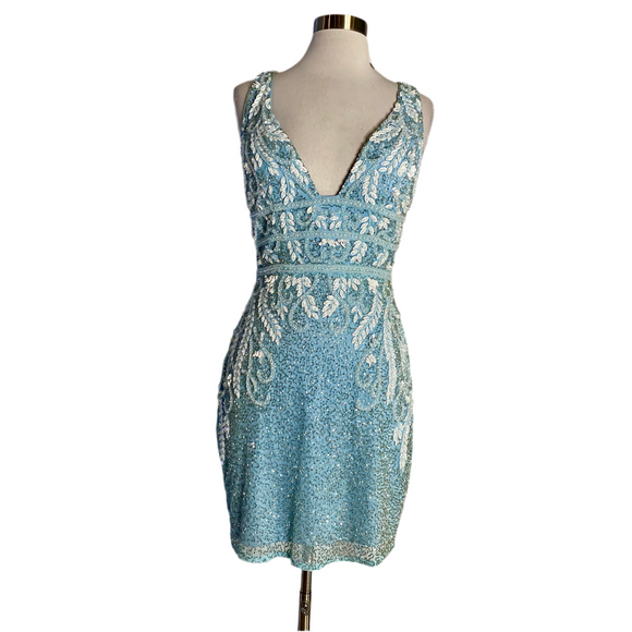 PRIMAVERA Style 3524 Short Beaded Cocktail Dress Light Blue Size 10
