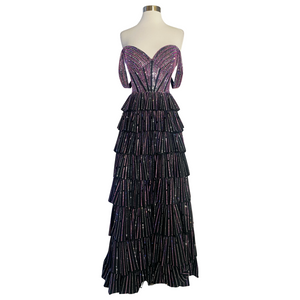 SHERRI HILL Style 56675 Long Tiered Ruffle Gown Pink/Black/Silver Size 4