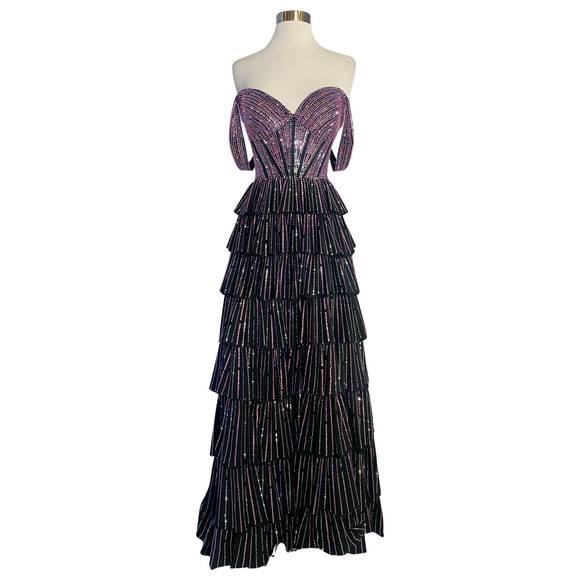 SHERRI HILL Style 56675 Long Tiered Ruffle Gown Pink/Black/Silver Size 4