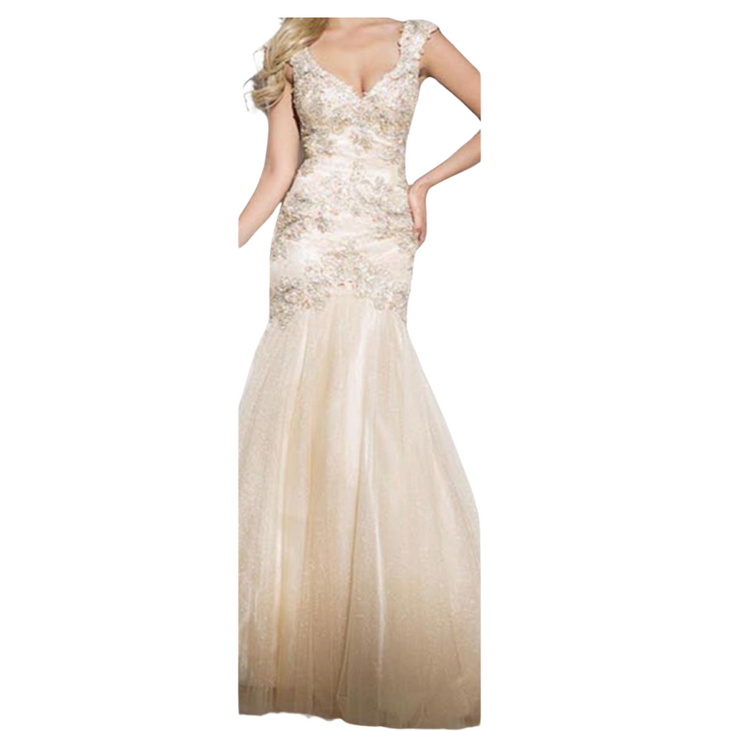 TONY BOWLS Ivory Embellished V-Neck Trumpet Mermaid Gown Size 2 Style Exchange Boutique PGH TONY BOWLS Ivory Embellished V-Neck Trumpet Mermaid Gown Size 2 Style Exchange Boutique PGH