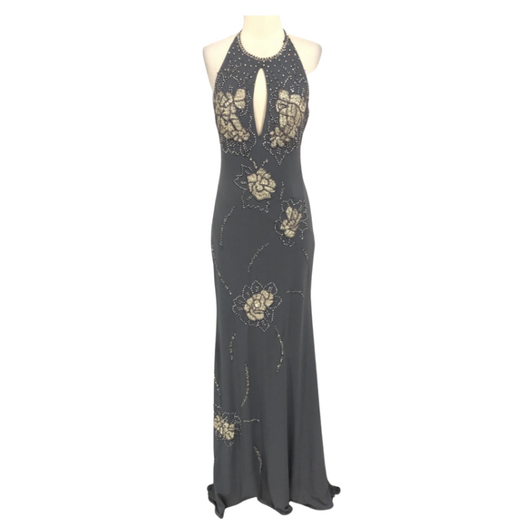JOVANI 99489 Gunmetal Halter Embellished Dress Size 6 NWT