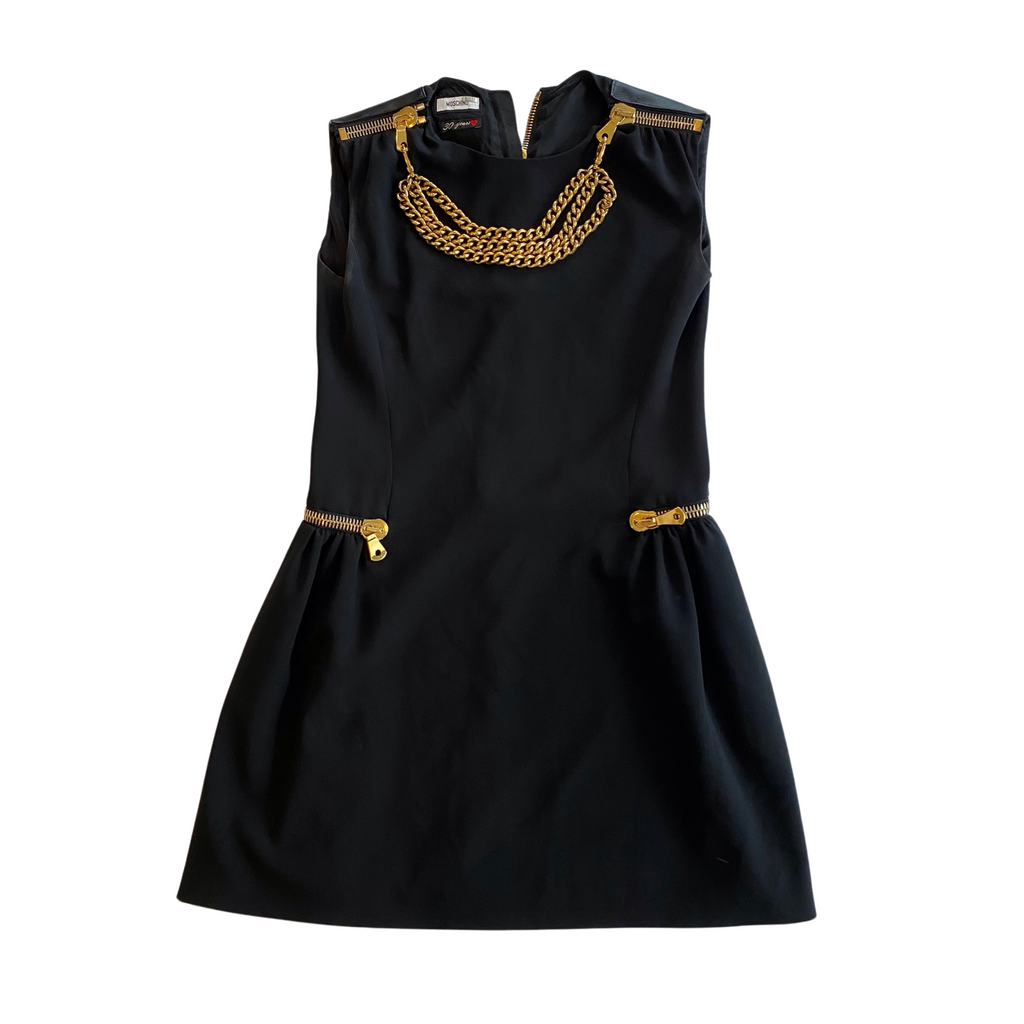 MOSCHINO Black Chain to Zip Cocktail Dress with Gold Hardware Size 10