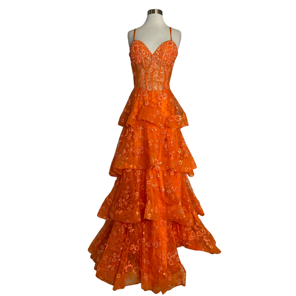 JOVANI Style 38528 Long Tiered Ruffle Gown Orange Size 14