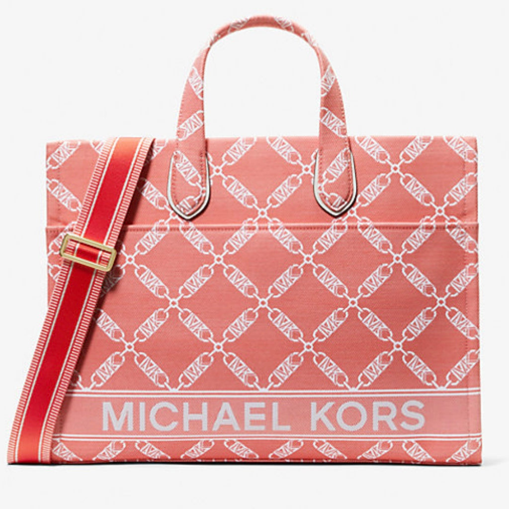 MICHAEL KORS Gigi Large Empire Logo Jacquard Tote In Spiced Coral NWT