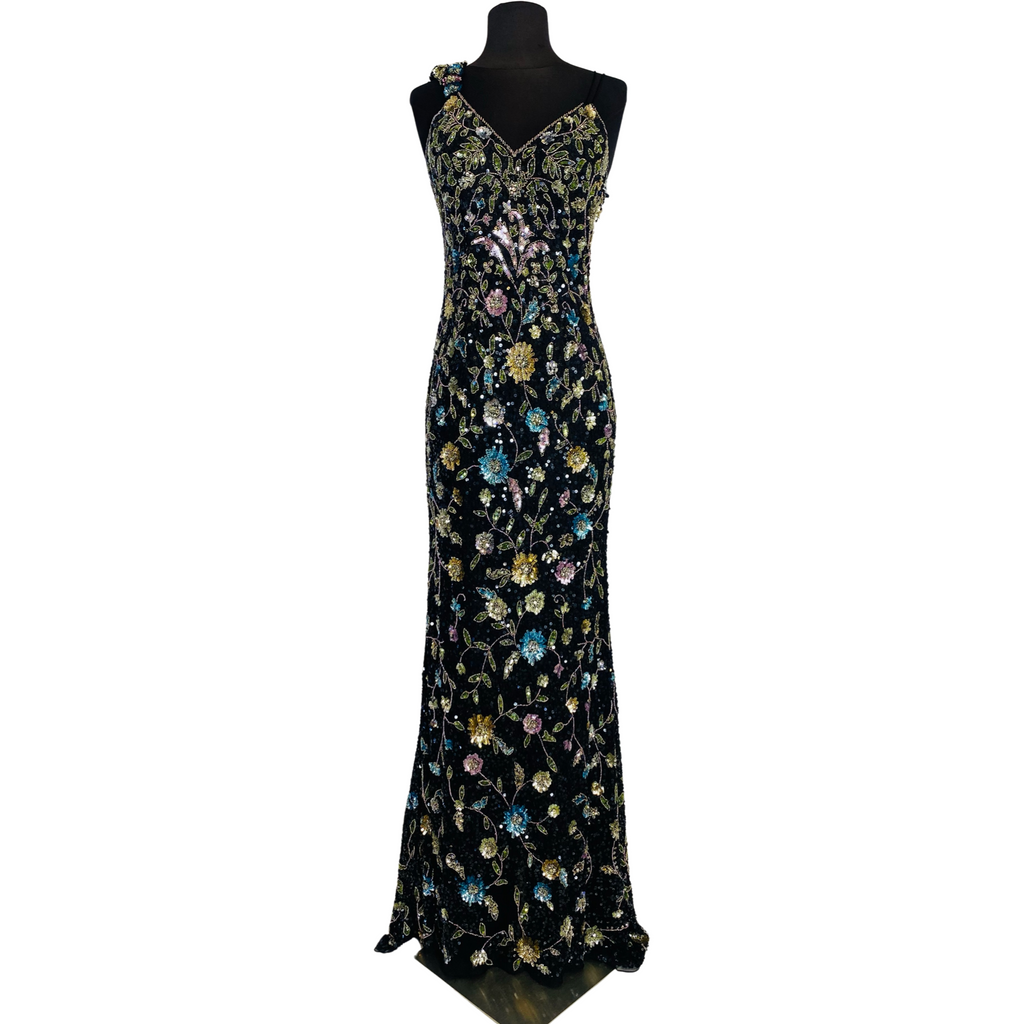 SHERRI HILL Style 53558 Long Sequin Floral Gown  Black Multi Size 6