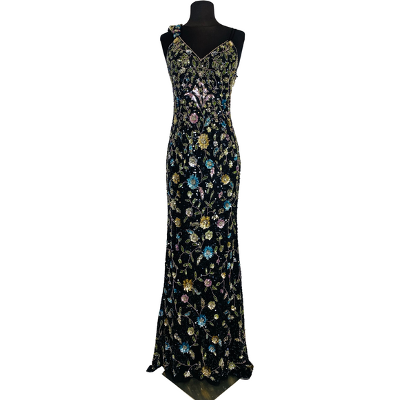 SHERRI HILL Style 53558 Long Sequin Floral Gown  Black Multi Size 6