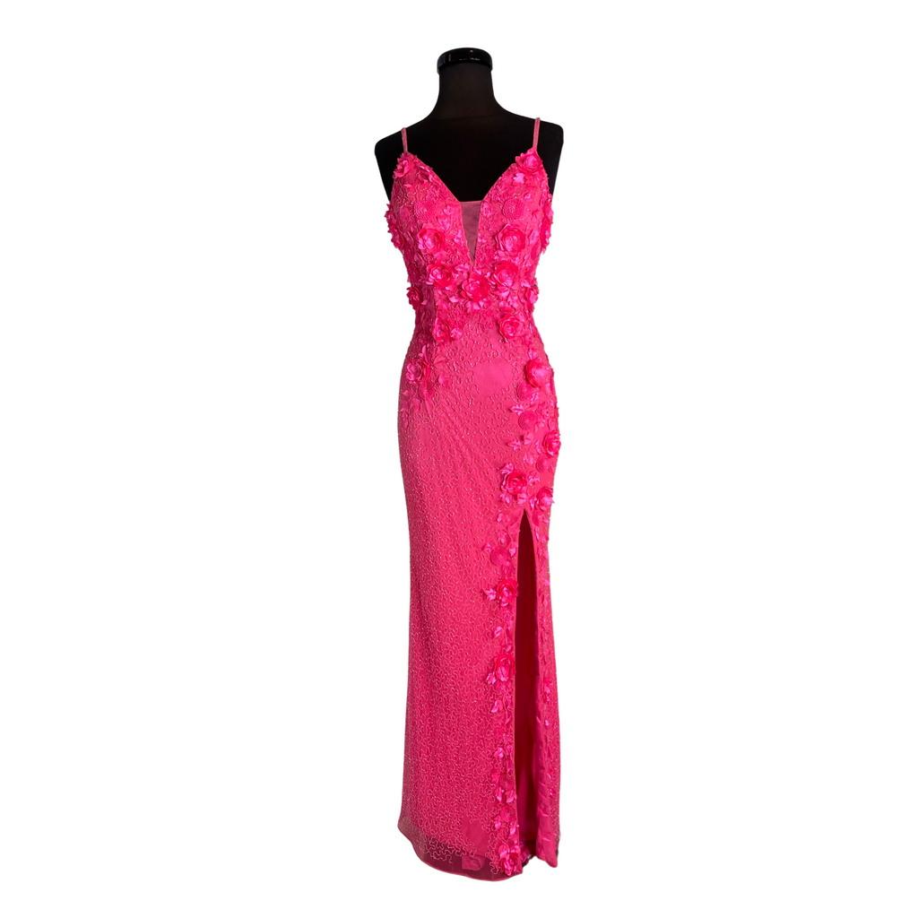 PRIMAVERA Style 3948 Long Gown 3D Flowers Neon Pink Size 0