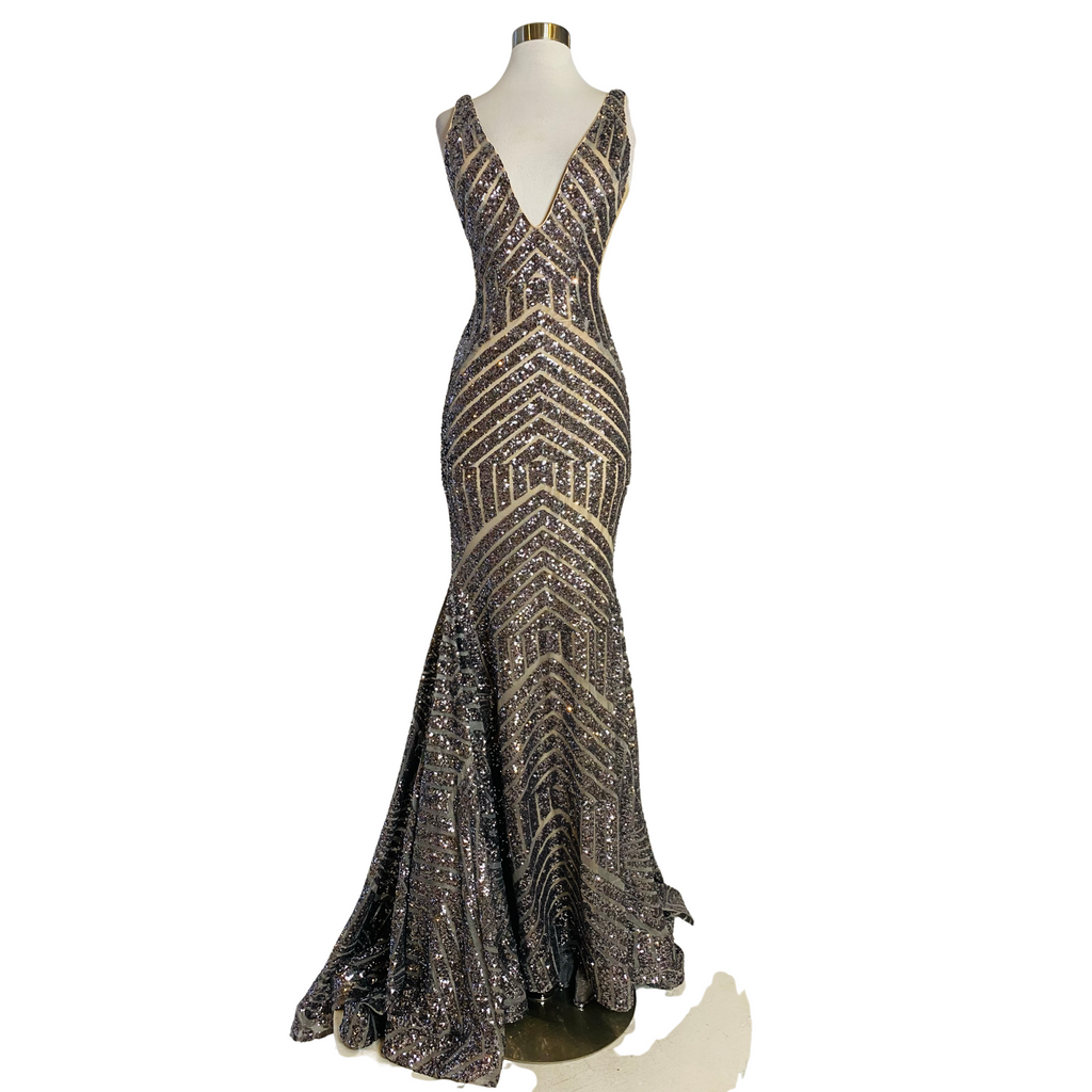 JOVANI Style 59762 Long Chevron Sequin Gown Charcoal Size 0 NWT
