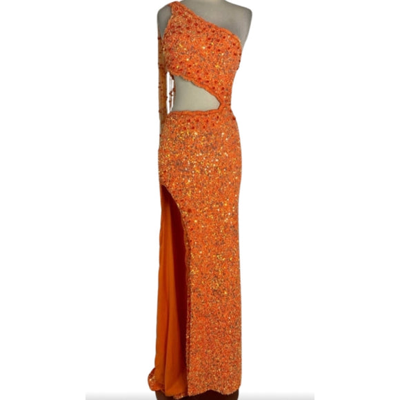 RACHEL ALLAN Style# 70318 Long Asymmetrical Gown Tangerine Size 4