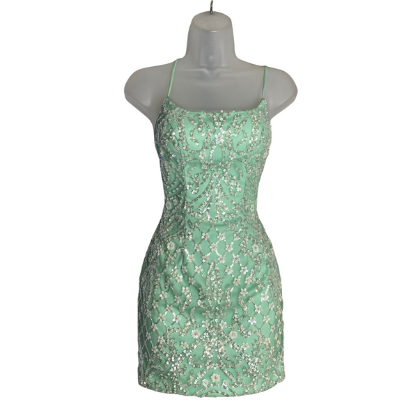 BOUTIQUE Floral Beaded Short Cocktail Dress Sage Green Size 00