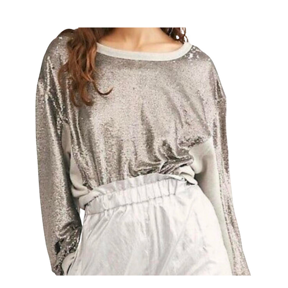 FREE PEOPLE Sequin Sweatshirt Pewter/Gray Size Small