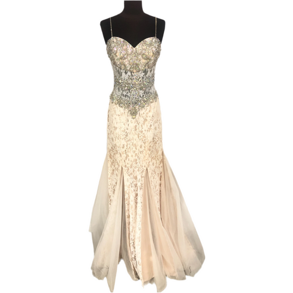 JOVANI 94186 White & Nude Lace Strap Mermaid Gown Size 8