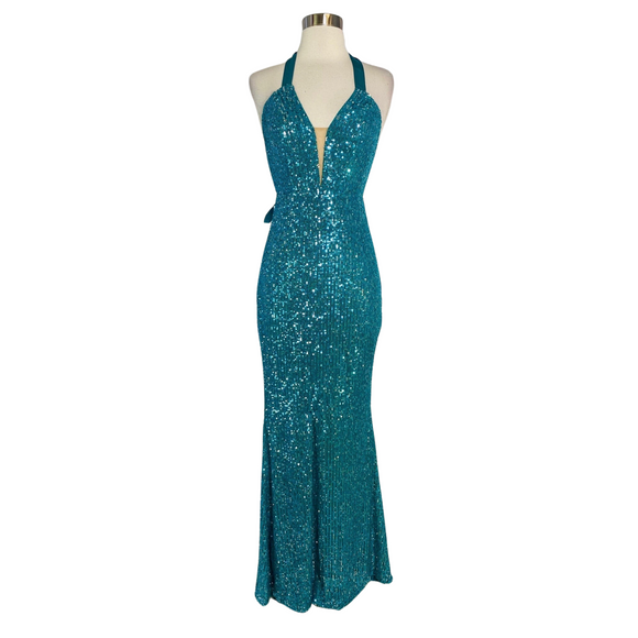 BOUTIQUE Long Fitted Sequin Gown Teal Size 2 NWT