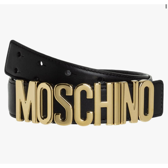 MOSCHINO Black Leather Belt With Gold Lettering