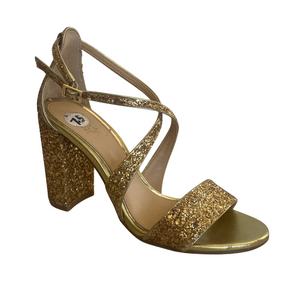 BADGLEY MISCHKA Jewel Gold Block Heels Size 7.5