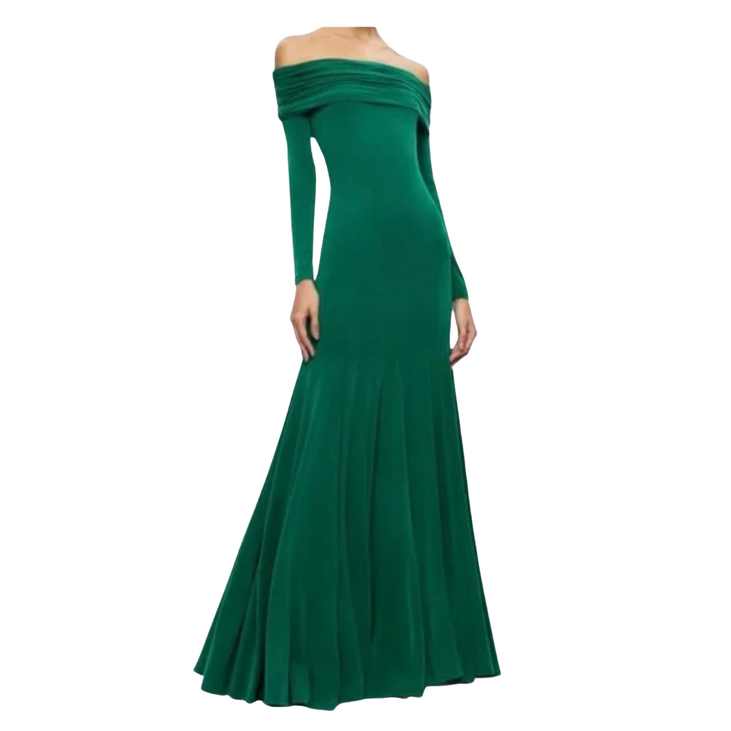 ALICE & OLIVIA Long Off the Shoulder Gown Forest Green Size 14 NWT