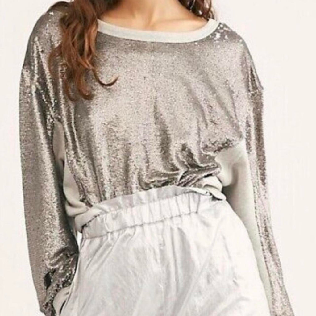 FREE PEOPLE Sequin Sweatshirt Pewter/Gray Size Small